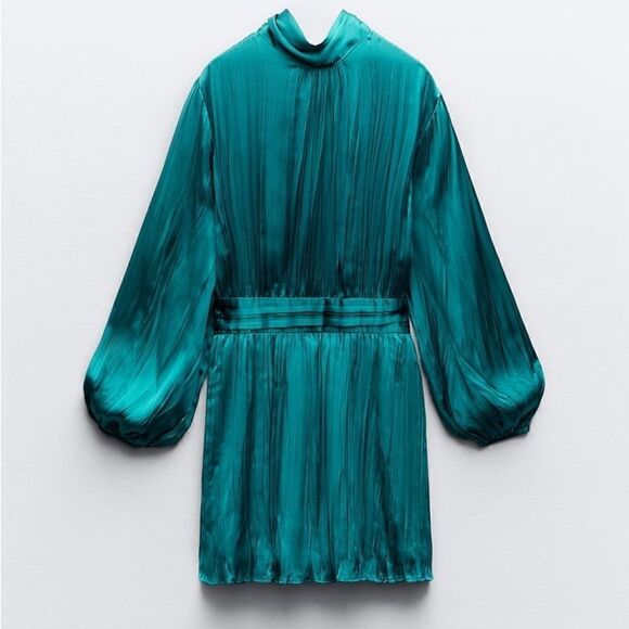 ZARA emerald green turquoise dress satin mock neck pleated ruched NWOT S - Picture 10 of 10